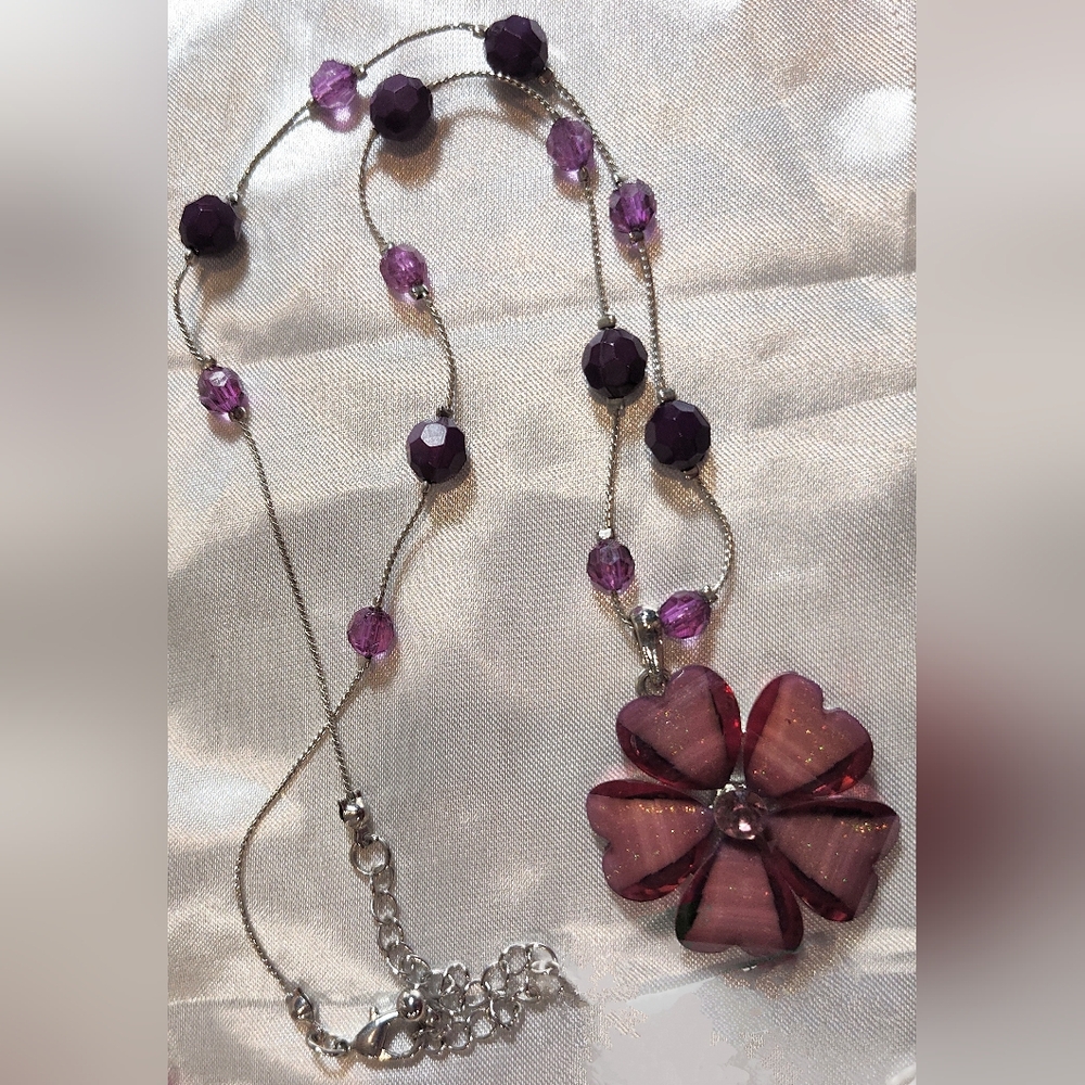 Purple Flower Pendant Necklace With Added Station Beads On Silvertone Chain